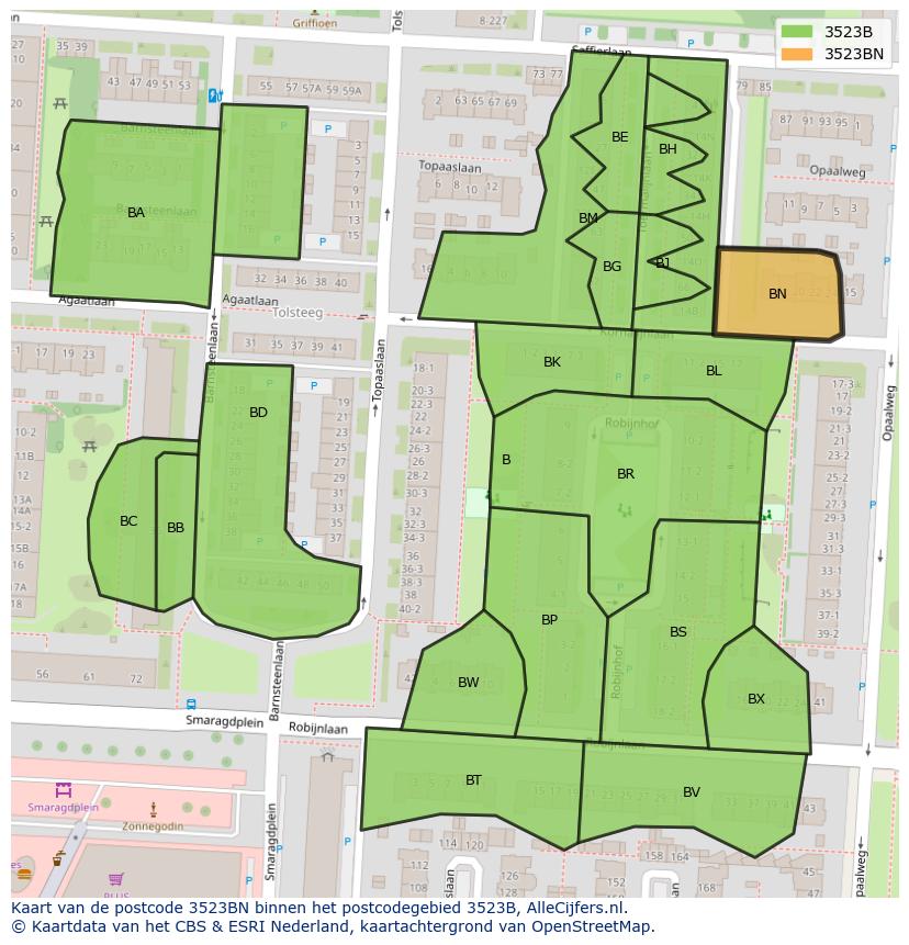 Afbeelding van het postcodegebied 3523 BN op de kaart.
