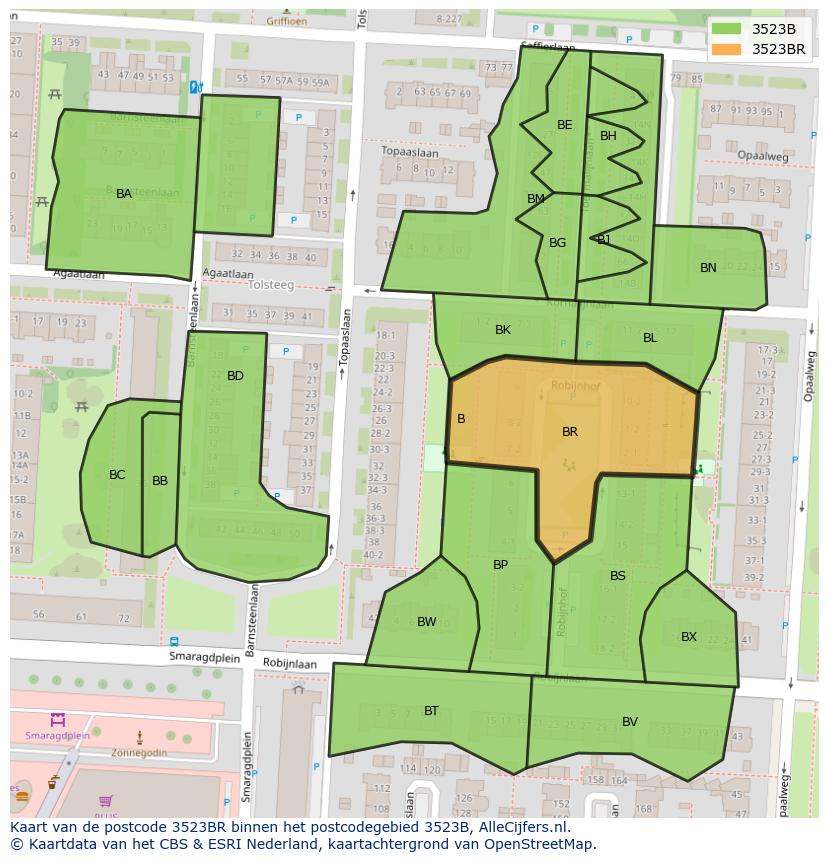 Afbeelding van het postcodegebied 3523 BR op de kaart.