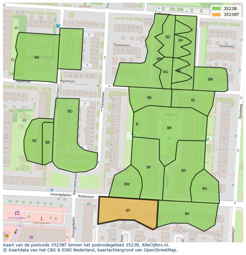 Afbeelding van het postcodegebied 3523 BT op de kaart.