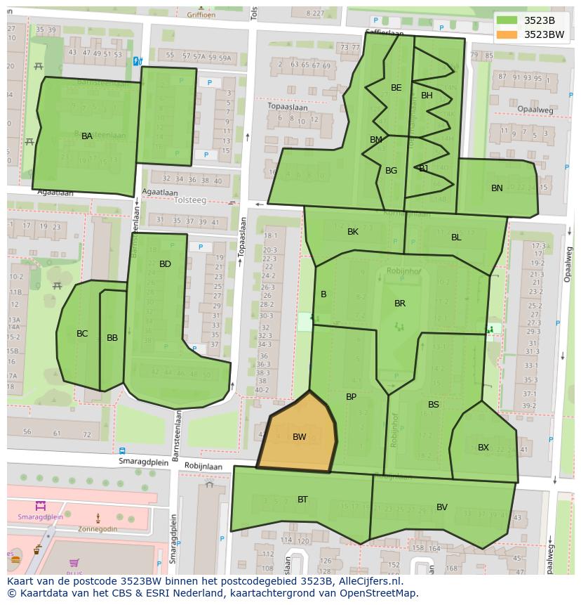 Afbeelding van het postcodegebied 3523 BW op de kaart.