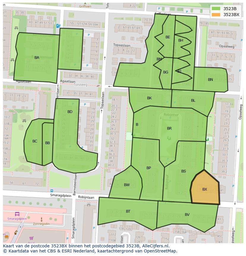 Afbeelding van het postcodegebied 3523 BX op de kaart.