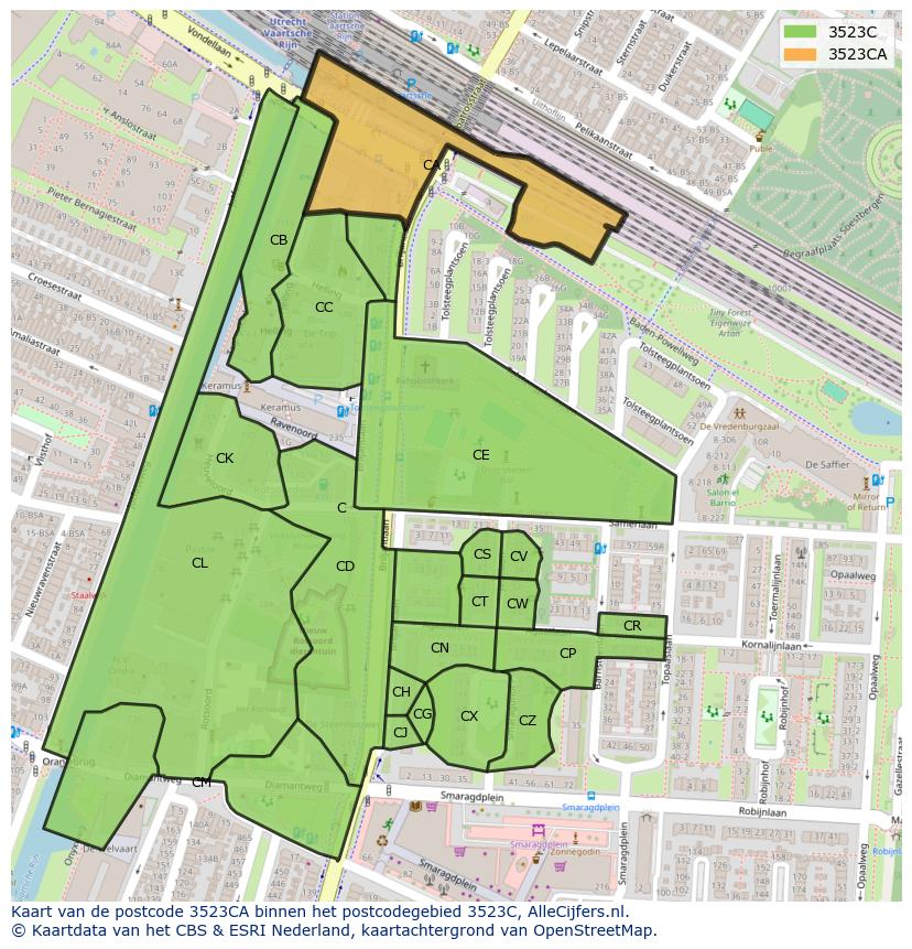 Afbeelding van het postcodegebied 3523 CA op de kaart.
