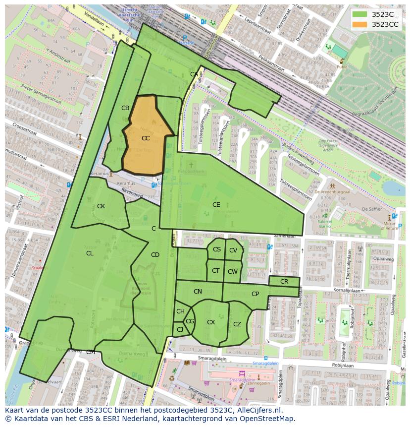 Afbeelding van het postcodegebied 3523 CC op de kaart.