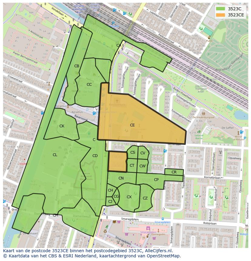 Afbeelding van het postcodegebied 3523 CE op de kaart.