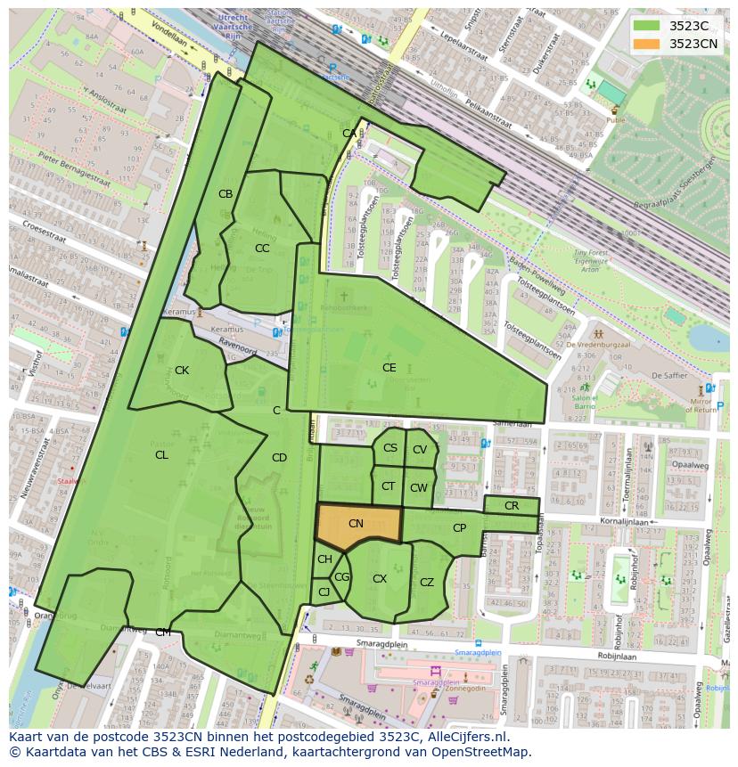 Afbeelding van het postcodegebied 3523 CN op de kaart.