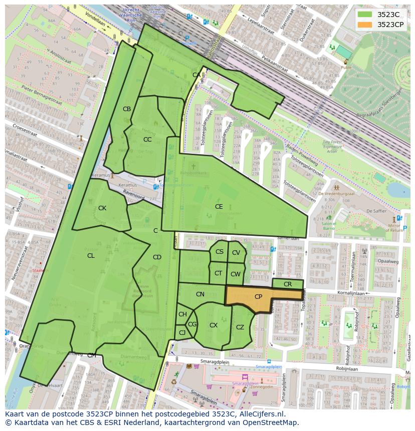 Afbeelding van het postcodegebied 3523 CP op de kaart.