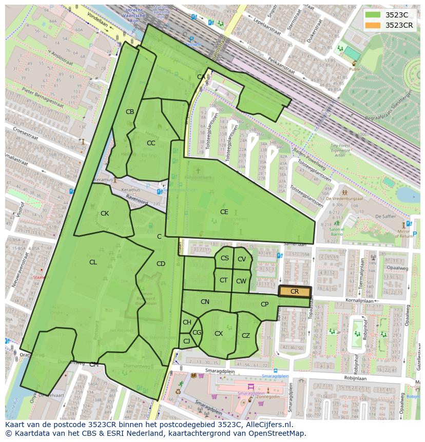 Afbeelding van het postcodegebied 3523 CR op de kaart.