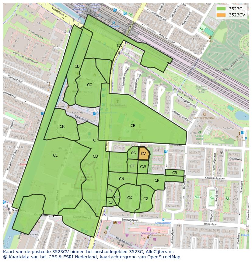 Afbeelding van het postcodegebied 3523 CV op de kaart.
