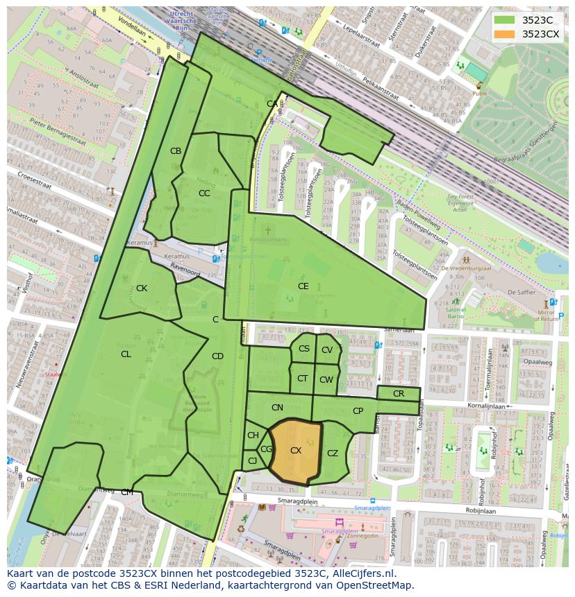 Afbeelding van het postcodegebied 3523 CX op de kaart.
