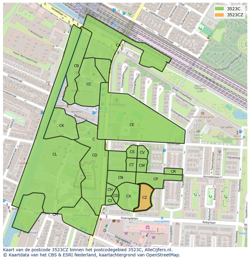 Afbeelding van het postcodegebied 3523 CZ op de kaart.