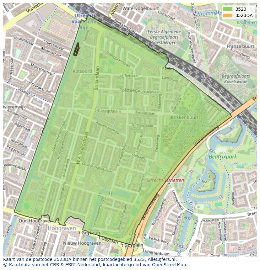 Afbeelding van het postcodegebied 3523 DA op de kaart.