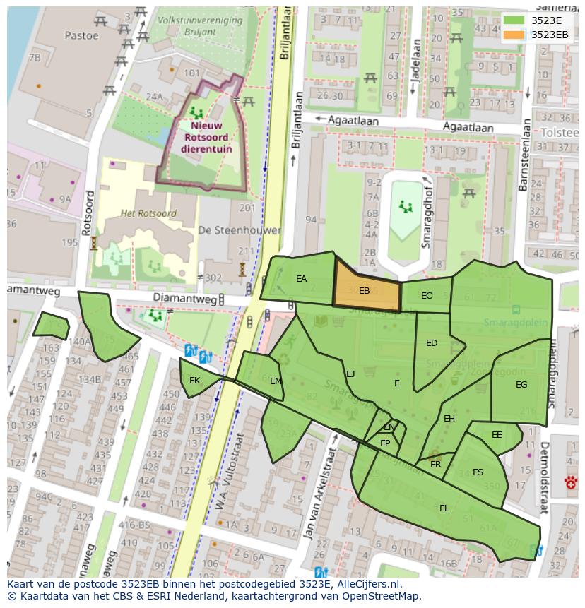 Afbeelding van het postcodegebied 3523 EB op de kaart.