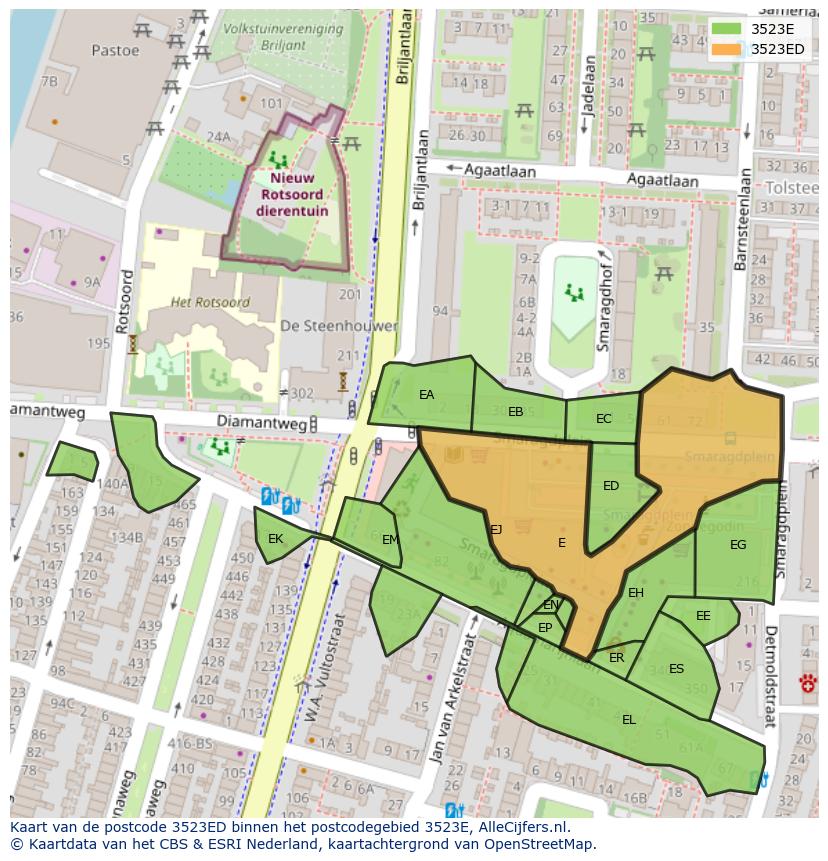 Afbeelding van het postcodegebied 3523 ED op de kaart.