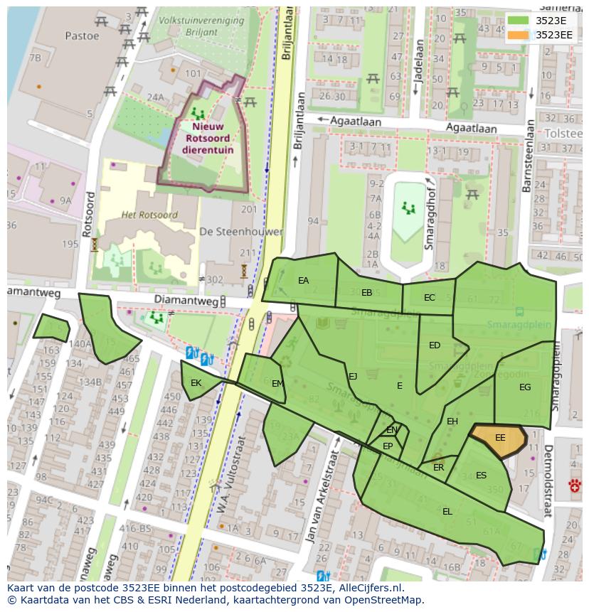 Afbeelding van het postcodegebied 3523 EE op de kaart.