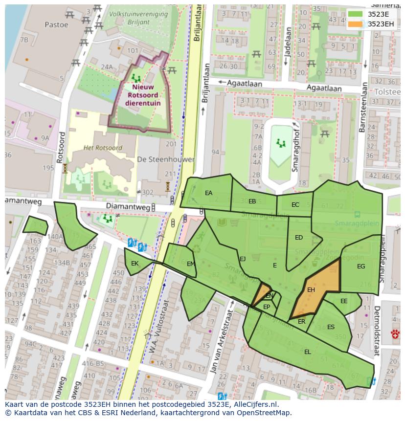 Afbeelding van het postcodegebied 3523 EH op de kaart.