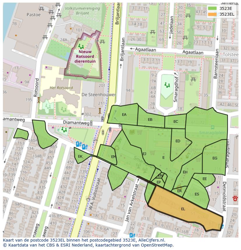 Afbeelding van het postcodegebied 3523 EL op de kaart.