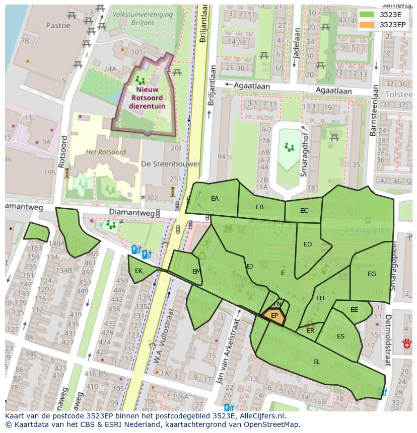 Afbeelding van het postcodegebied 3523 EP op de kaart.