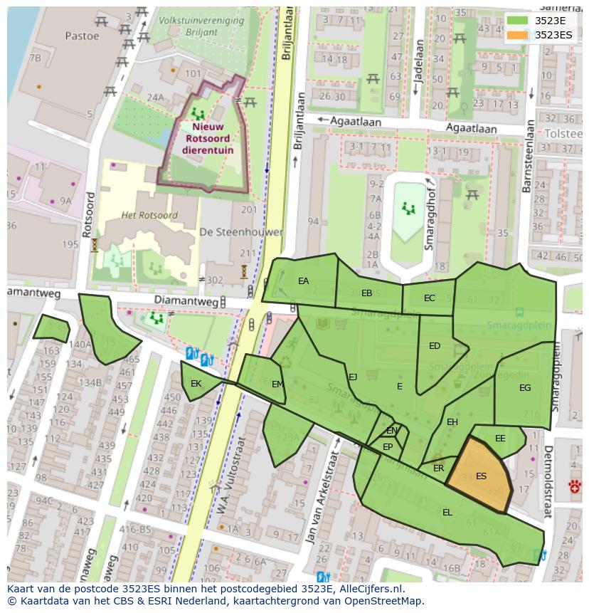 Afbeelding van het postcodegebied 3523 ES op de kaart.