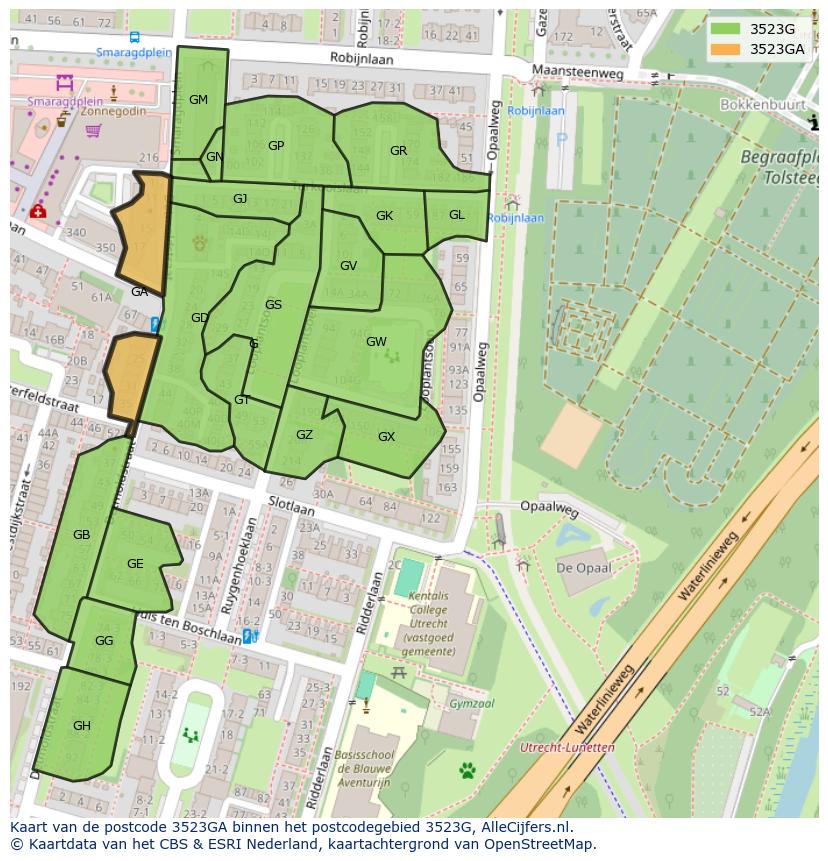 Afbeelding van het postcodegebied 3523 GA op de kaart.