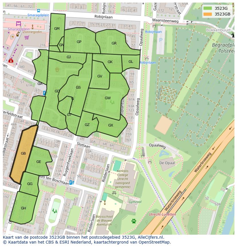 Afbeelding van het postcodegebied 3523 GB op de kaart.