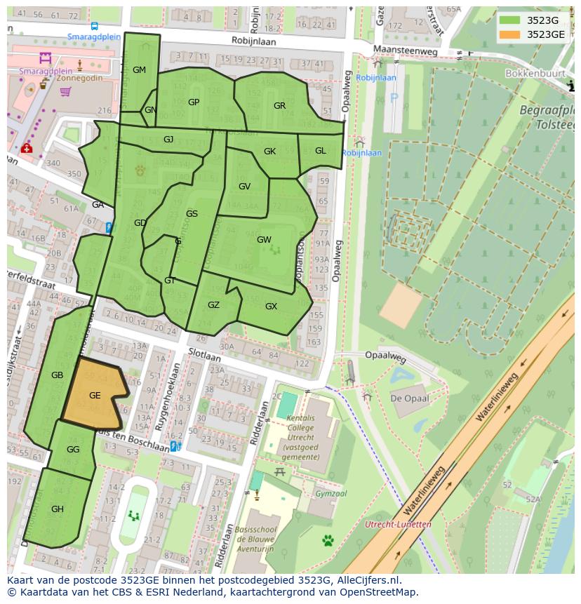 Afbeelding van het postcodegebied 3523 GE op de kaart.