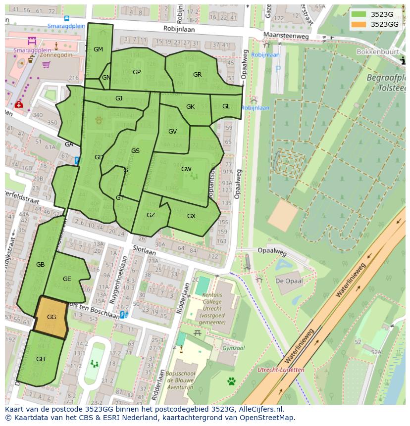 Afbeelding van het postcodegebied 3523 GG op de kaart.