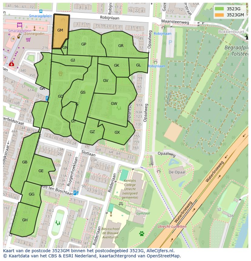 Afbeelding van het postcodegebied 3523 GM op de kaart.