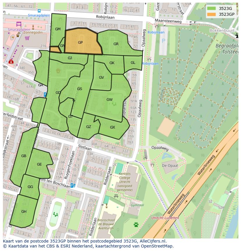 Afbeelding van het postcodegebied 3523 GP op de kaart.