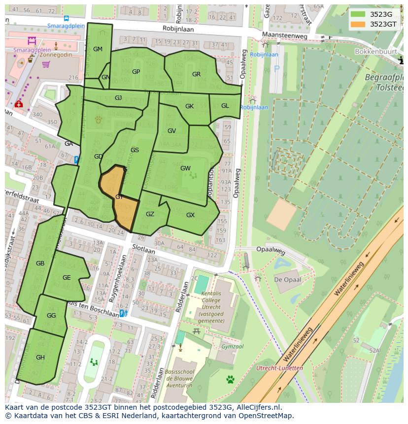 Afbeelding van het postcodegebied 3523 GT op de kaart.