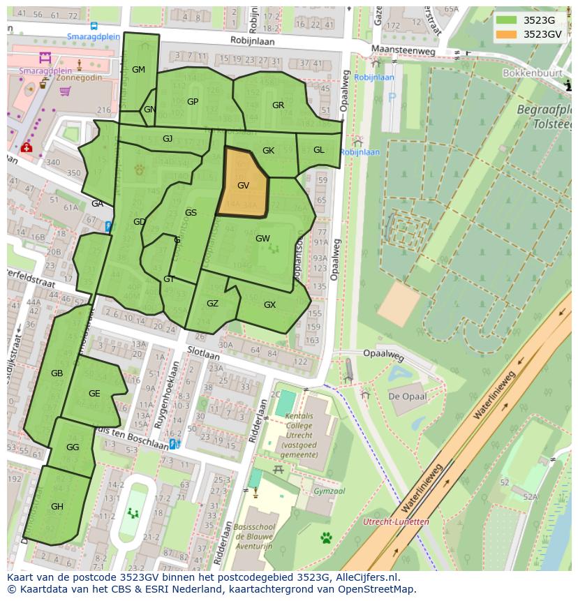 Afbeelding van het postcodegebied 3523 GV op de kaart.