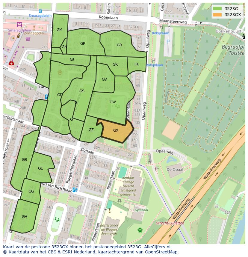 Afbeelding van het postcodegebied 3523 GX op de kaart.