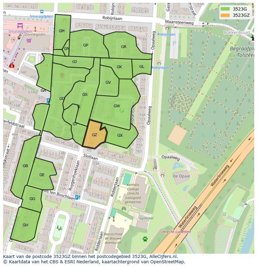 Afbeelding van het postcodegebied 3523 GZ op de kaart.