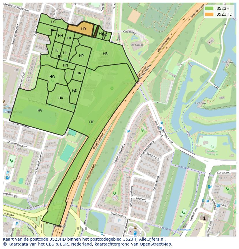 Afbeelding van het postcodegebied 3523 HD op de kaart.