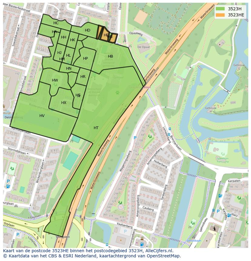 Afbeelding van het postcodegebied 3523 HE op de kaart.