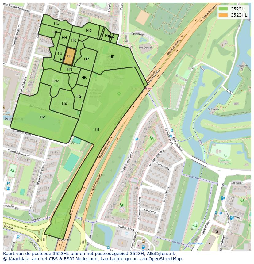 Afbeelding van het postcodegebied 3523 HL op de kaart.