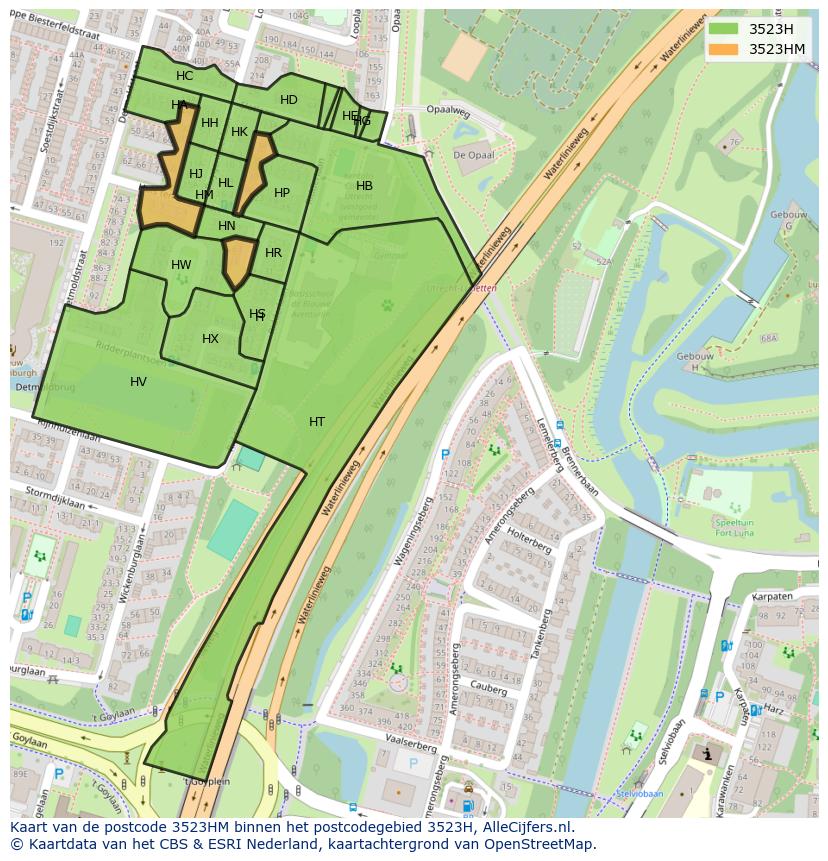 Afbeelding van het postcodegebied 3523 HM op de kaart.