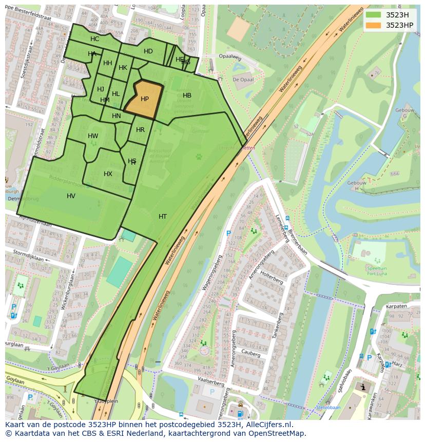Afbeelding van het postcodegebied 3523 HP op de kaart.