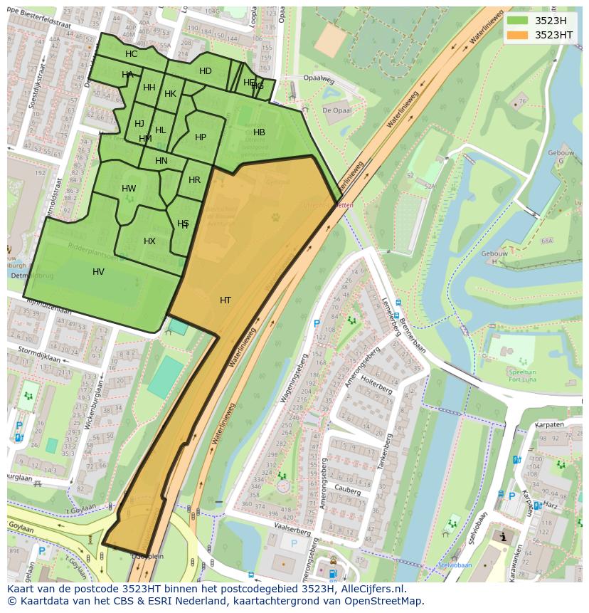 Afbeelding van het postcodegebied 3523 HT op de kaart.