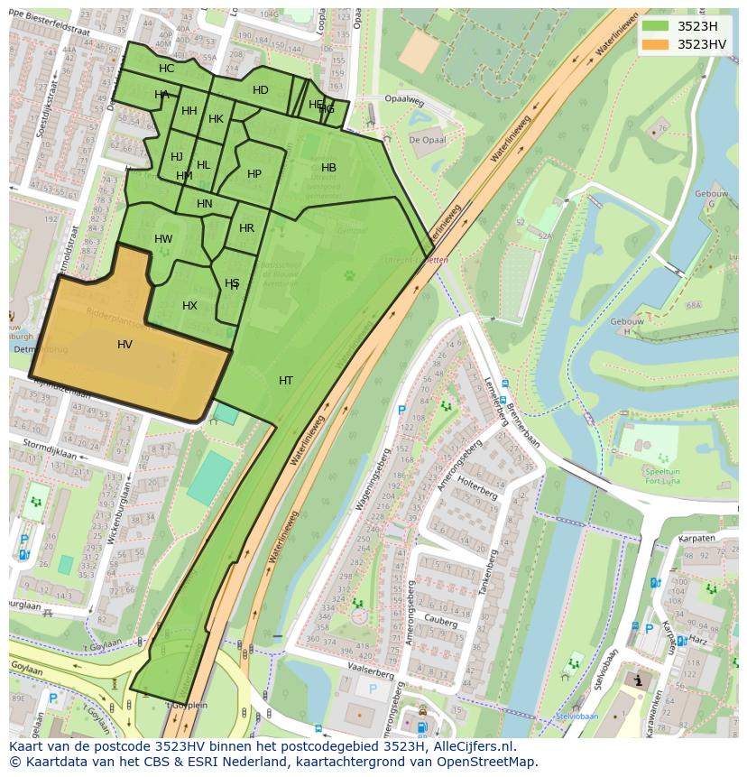 Afbeelding van het postcodegebied 3523 HV op de kaart.
