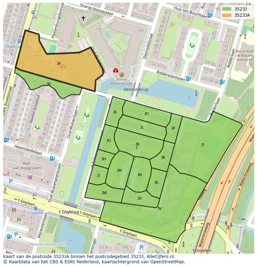 Afbeelding van het postcodegebied 3523 JA op de kaart.
