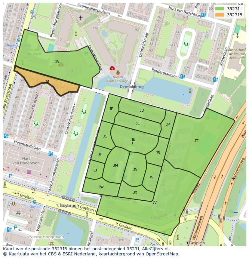 Afbeelding van het postcodegebied 3523 JB op de kaart.