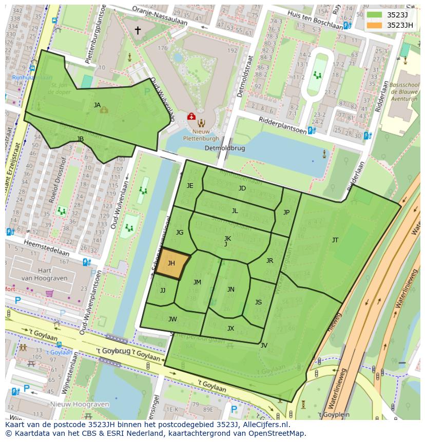 Afbeelding van het postcodegebied 3523 JH op de kaart.
