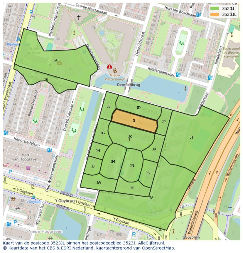 Afbeelding van het postcodegebied 3523 JL op de kaart.