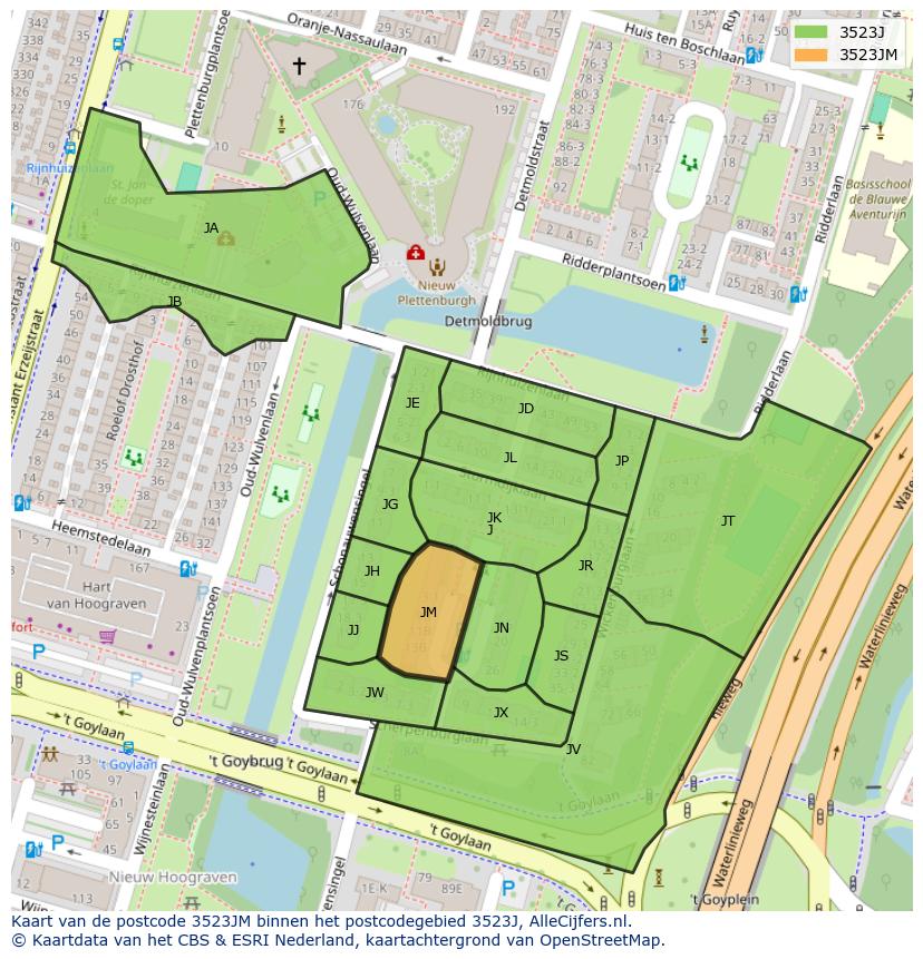 Afbeelding van het postcodegebied 3523 JM op de kaart.