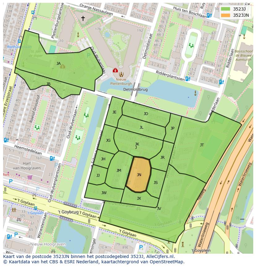 Afbeelding van het postcodegebied 3523 JN op de kaart.