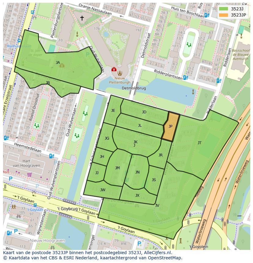 Afbeelding van het postcodegebied 3523 JP op de kaart.