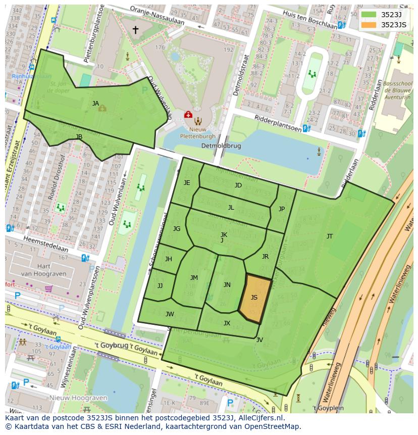 Afbeelding van het postcodegebied 3523 JS op de kaart.