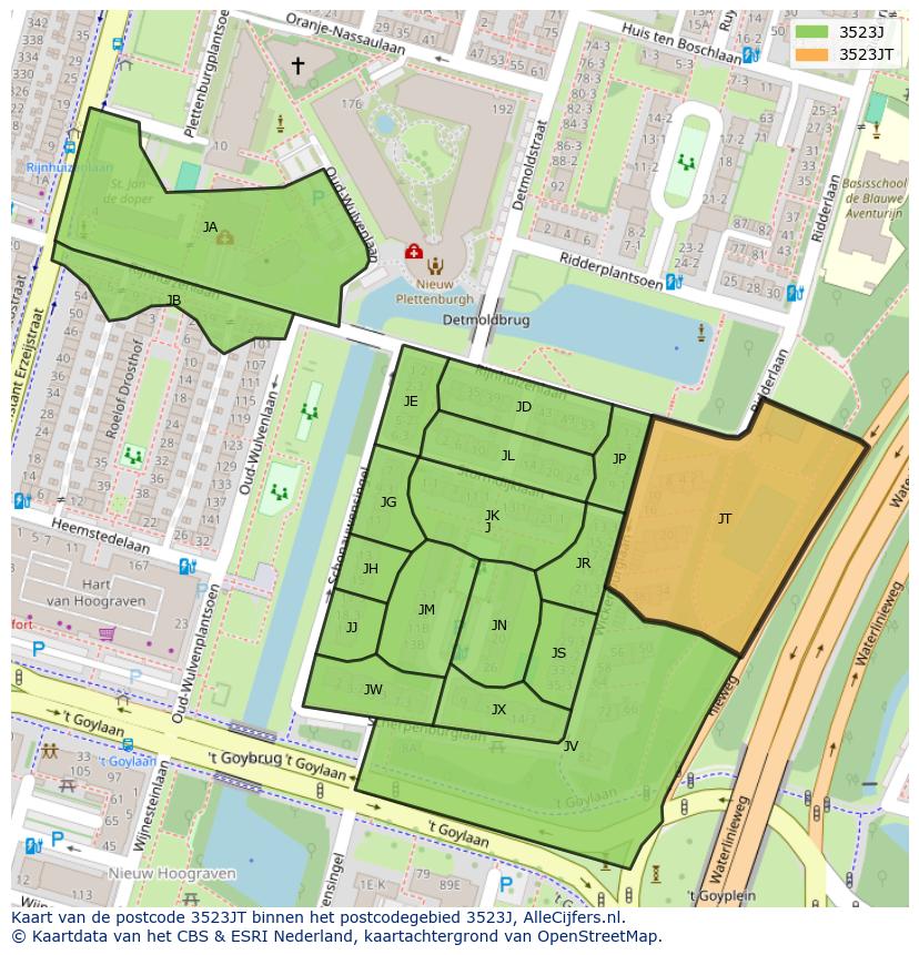 Afbeelding van het postcodegebied 3523 JT op de kaart.