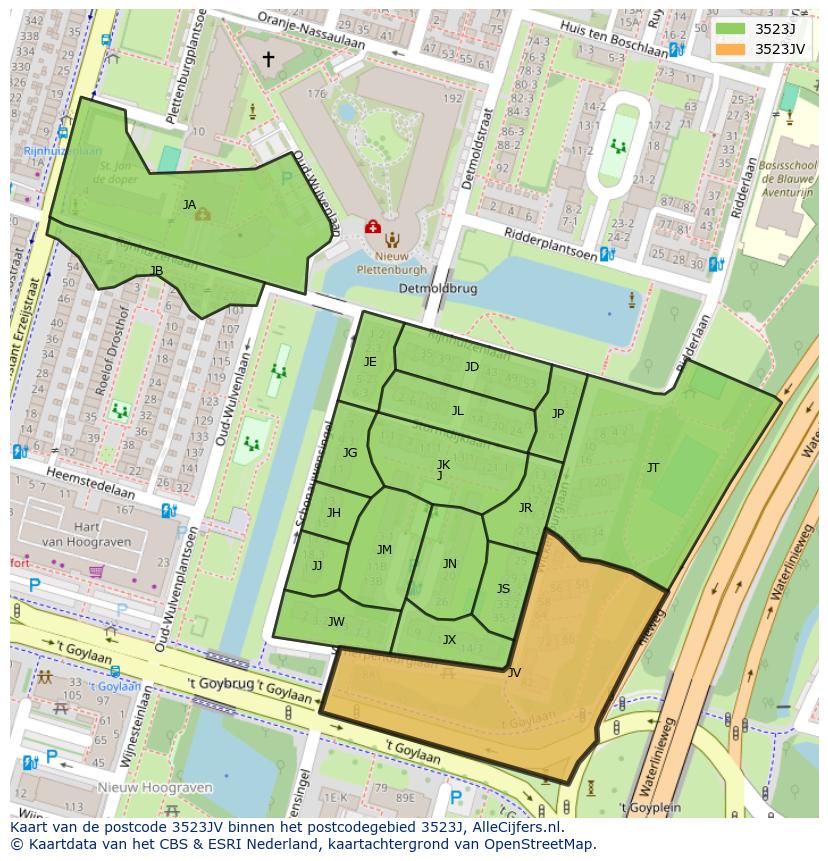 Afbeelding van het postcodegebied 3523 JV op de kaart.