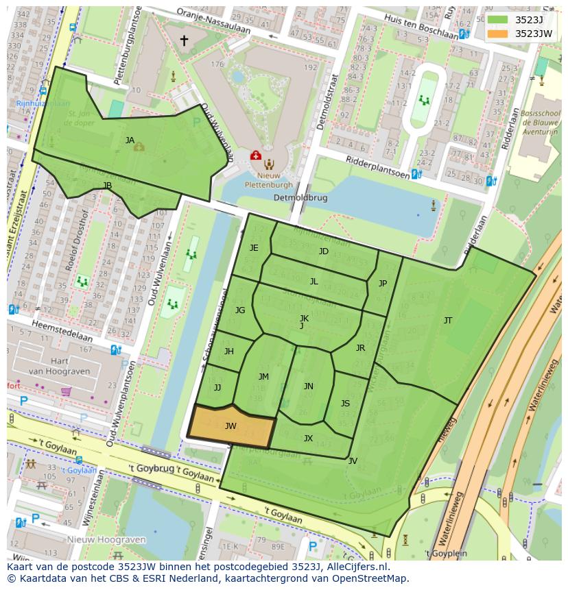 Afbeelding van het postcodegebied 3523 JW op de kaart.